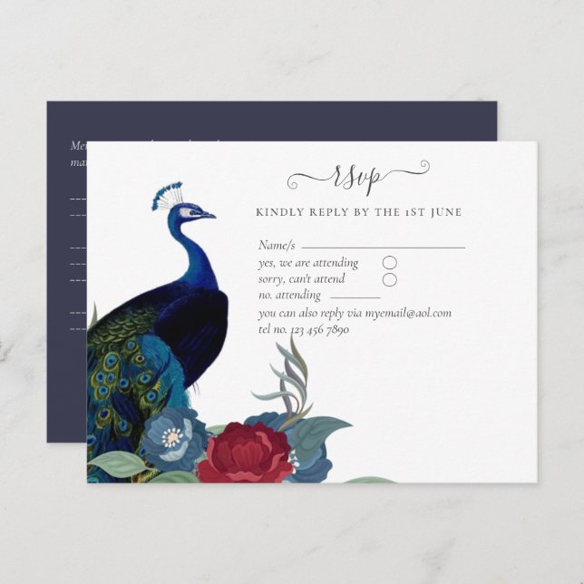 Carte Postale Mariage de automne d'hiver Peacock Blue Burgundy (Devant / Derrière)