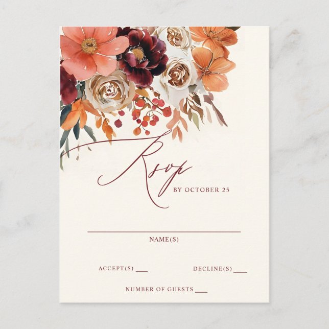 Carte Postale Mariage de automne Floral Orange Bourgogne RSVP (Devant)