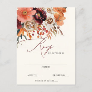 Carte Postale Mariage de automne Floral Orange Bourgogne RSVP