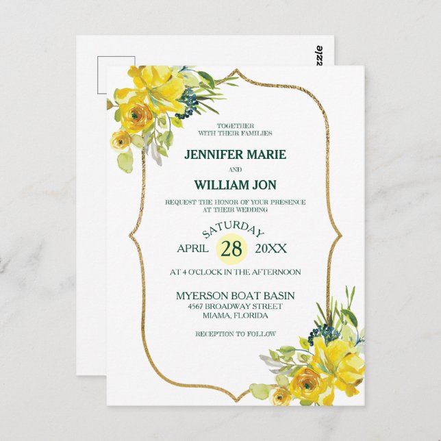 Carte Postale Mariage de bouquet doré jaune de printemps frais (Devant / Derrière)
