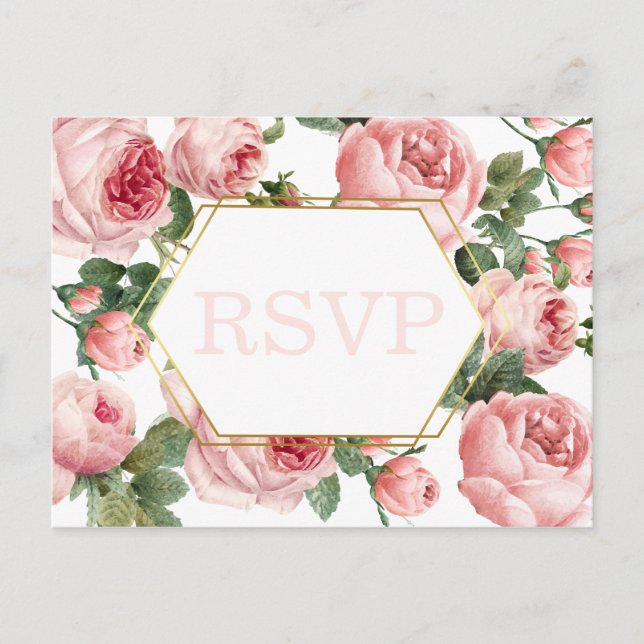 Carte Postale Mariage de cadre or rose Roses | Choix de repas RS (Devant)