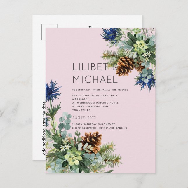 Carte Postale MARIAGE de chardon bleu hiver BUDGET (Devant / Derrière)