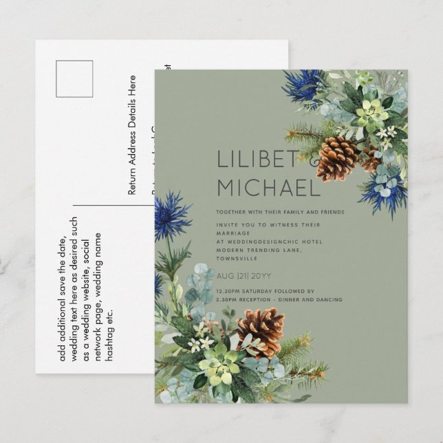 Carte Postale MARIAGE de chardon bleu hiver BUDGET (Devant / Derrière)