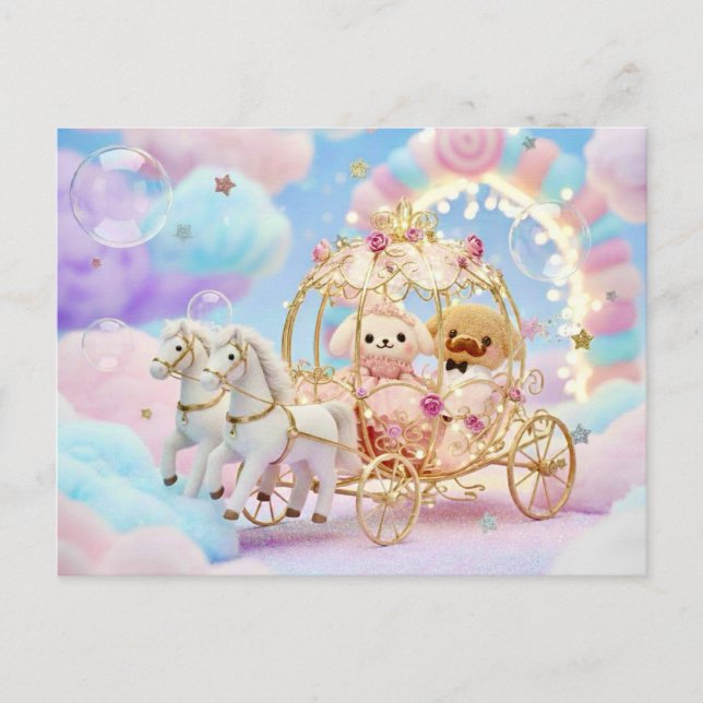 Carte Postale Mariage de chiot mignon Carrosse de conte de fée (Devant)