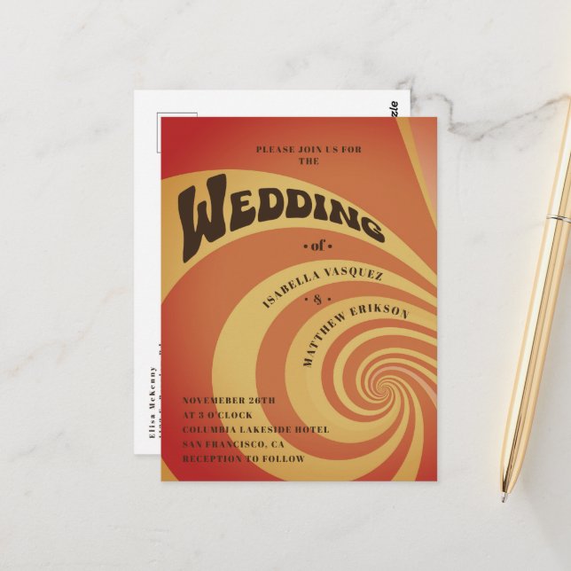 Carte Postale Mariage de code QR jaune les années 70 orange rétr (Devant/Arrière en situation)