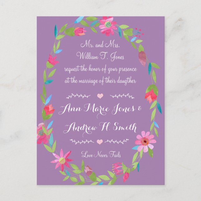 Carte Postale Mariage de couronnes florales violet rose et vert (Devant)
