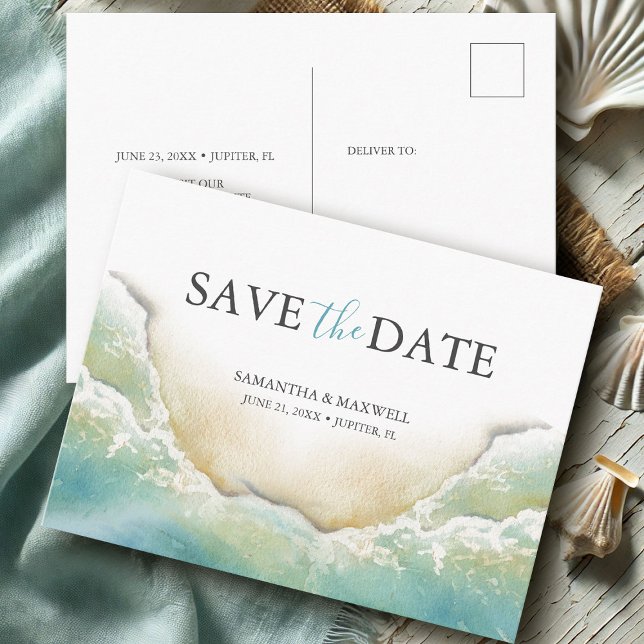 Carte Postale Mariage de Destination de Plage Enregistrez la Dat (Destination save the date postcards watercolor beach art by Victoria Grigaliunas Do Tell A Belle)