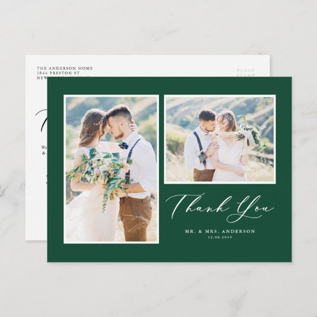 Carte Postale Mariage de deux photos vert script Merci (Devant / Derrière)