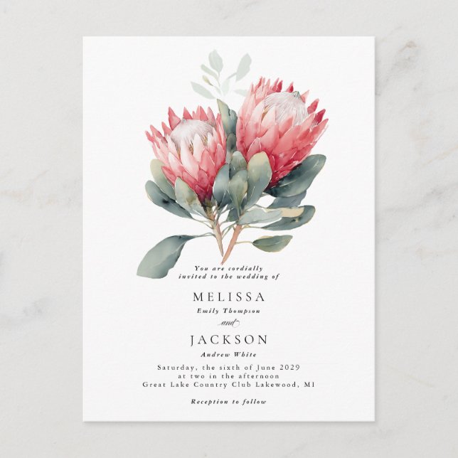 Carte Postale Mariage de fleurs d'aquarelle en teinte Protea (Devant)
