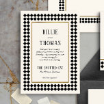 Carte Postale Mariage de Jazz de la frontière noire et or<br><div class="desc">Pour donner le ton à une mariage moderne où les clients portent tous du noir et blanc, la réception se trouve dans un club de jazz à la décoration art déco, où l'on peut parler facilement et où l'on boit des négronis et des martinis secs tout en se baladant sur...</div>