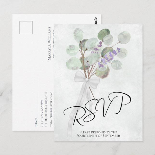 Carte Postale Mariage de Lavande Rustique Eucalyptus Bouquet RSV (Devant / Derrière)