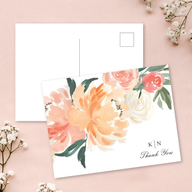 Carte Postale Mariage de Merci de Monogramme Floral Peach (Créateur téléchargé)
