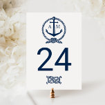 Carte Postale Mariage de monogramme de la marine nautique Numéro<br><div class="desc">La carte de numéro de table bleu et blanc du thème nautique comprend un monogramme des noms de la mariée et du marié et de la date du mariage, des détails sur l'ancre et la corde du bateau, et un motif à bandes horizontales à l'arrière. VEUILLEZ NOTER : il s'agit...</div>