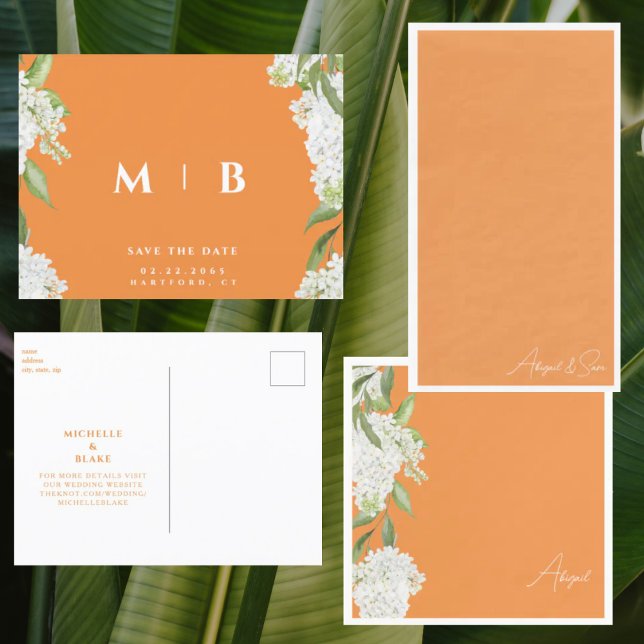 Carte Postale Mariage de monogramme orange floral blanc Date de  (Créateur téléchargé)