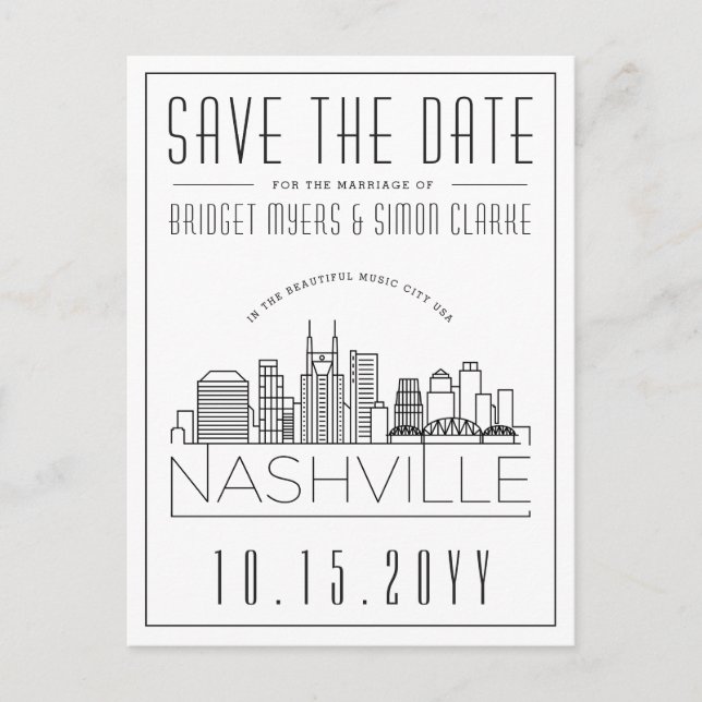 Carte Postale Mariage de Nashville | Skyline stylisée Enregistre (Devant)