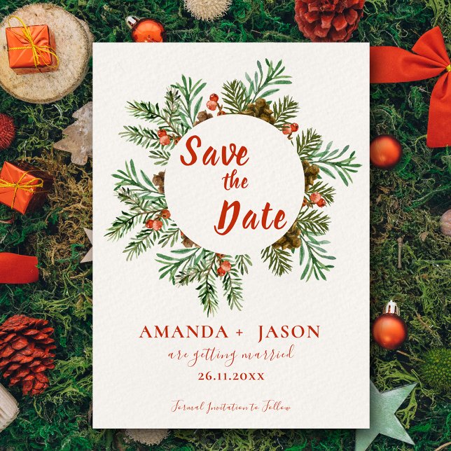 Carte Postale Mariage de Noël des Berries rouges rustiques Sauve (Rustic Red Berries Christmas Wedding Save the Date Postcard)
