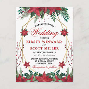 Carte Postale Mariage de Noël floral à l'aquarelle poinsettia ro