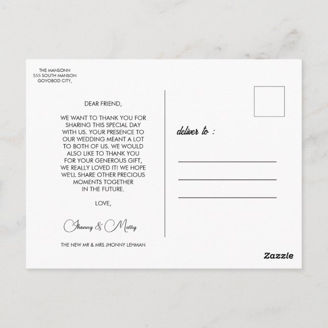 Carte postale Mariage de photo de script moderne (Dos)