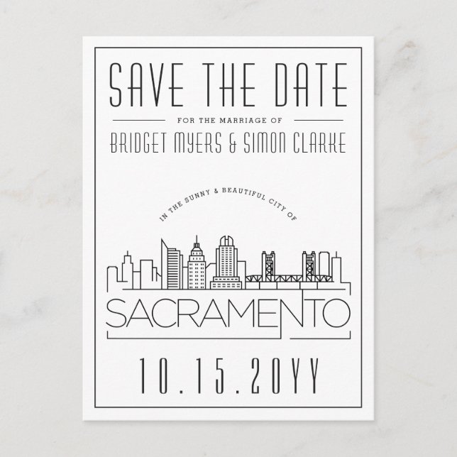 Carte Postale Mariage de Sacramento |Ligne Skyline stylisée Enre (Devant)