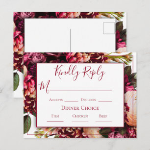Carte Postale Mariage de script floral rose Bourgogne RSVP