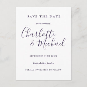 Carte Postale Mariage de script violet Enregistrer la date