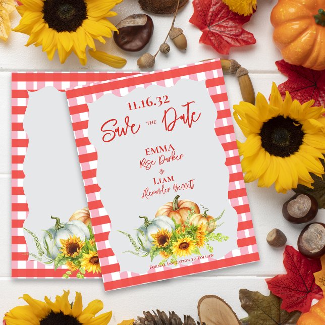 Carte Postale Mariage de tournesols Citrouille rustiques Sauvez  (Rustic Pumpkins Sunflowers Wedding Save the Date Postcard)