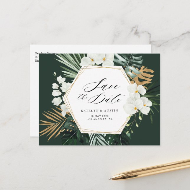 Carte Postale mariage de verdure tropicale, save the date (Devant/Arrière en situation)