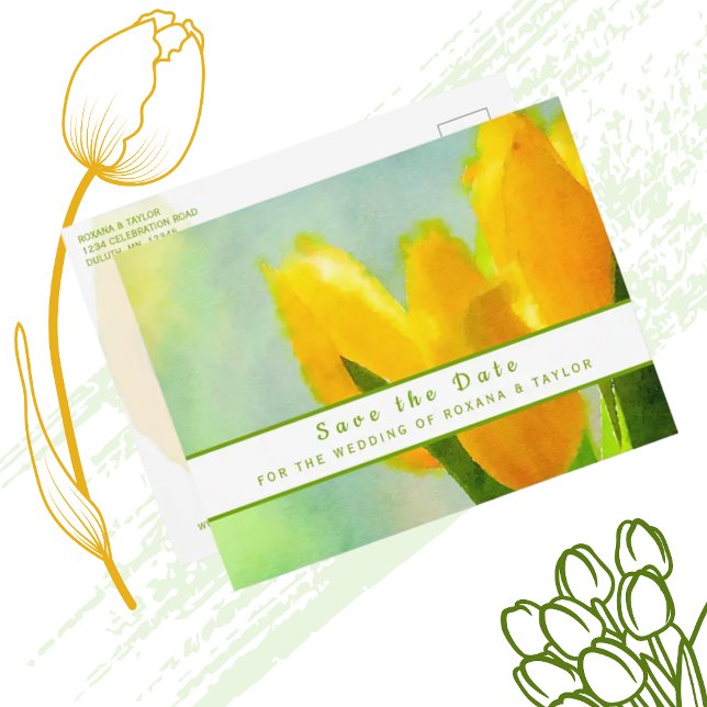 Carte Postale Mariage des tulipes d'aquarelle jaune Enregistrer  (Créateur téléchargé)
