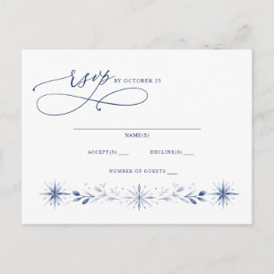 Carte Postale Mariage d'hiver bleu flocons de neige Monogramme é
