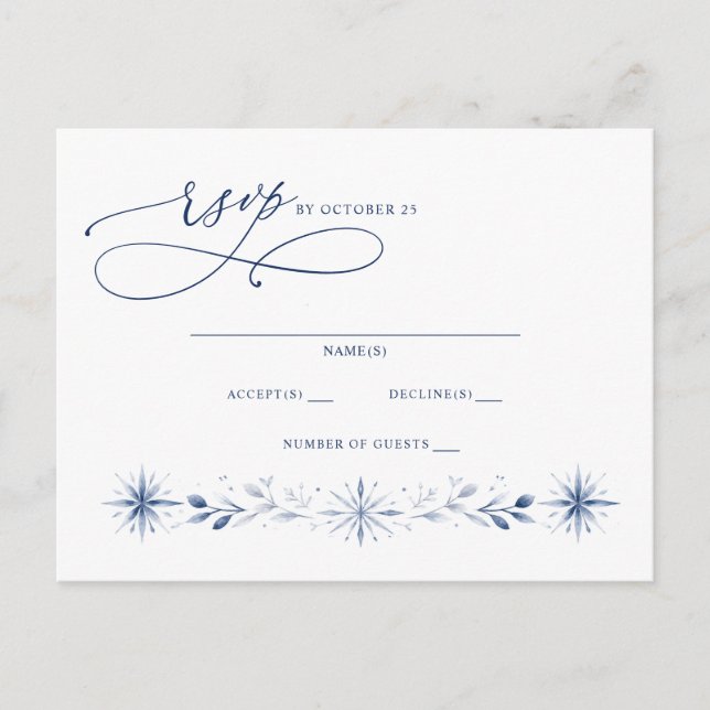 Carte Postale Mariage d'hiver bleu flocons de neige Monogramme é (Devant)