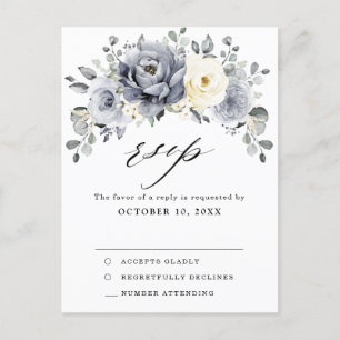 Carte Postale Mariage d'hiver floral gris argenté RSVP