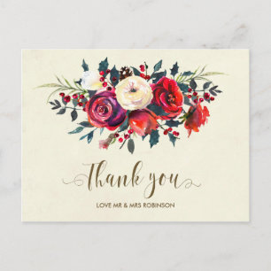 Carte Postale mariage d'hiver merci baies roses