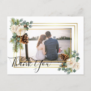 Carte Postale Mariage d'hiver Roses blanches Or Dusty Bleu