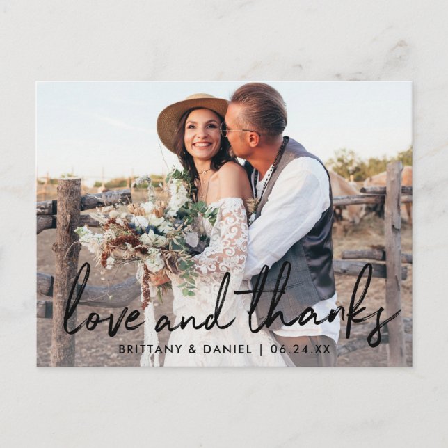 Carte Postale Mariage Écriture Manuscrite Noire Amour et Remerci (Devant)