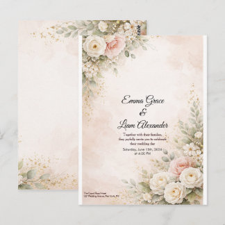 Carte Postale Mariage Élégant à l'Aquarelle Florale Rose Pâle
