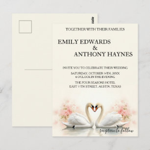 Carte Postale Mariage Élégant au Cygne avec des Fleurs Romantiqu