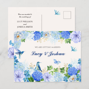 Carte Postale Mariage élégant d'oiseau floral bleu