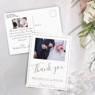 Carte Postale Mariage élégant écriture dorée 2 Photos Merci