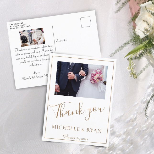 Carte Postale Mariage élégant écriture dorée 2 Photos Merci (Créateur téléchargé)