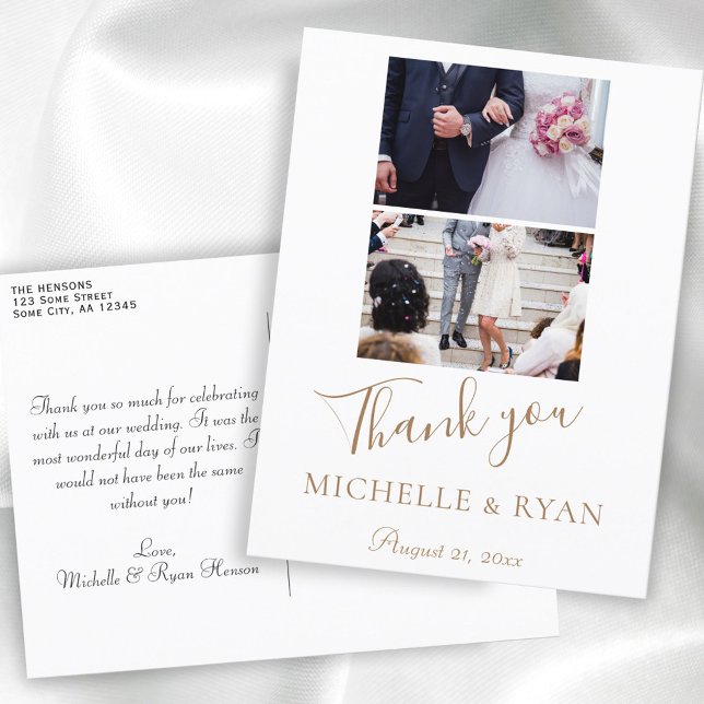 Carte Postale Mariage élégant écriture dorée 2 Photos Merci (Créateur téléchargé)