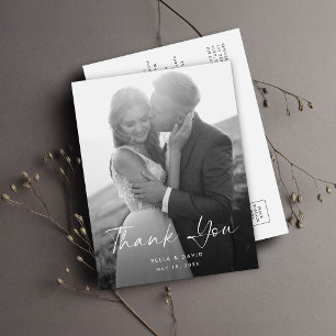 Carte Postale Mariage Elegant noir blanc Script photo Merci