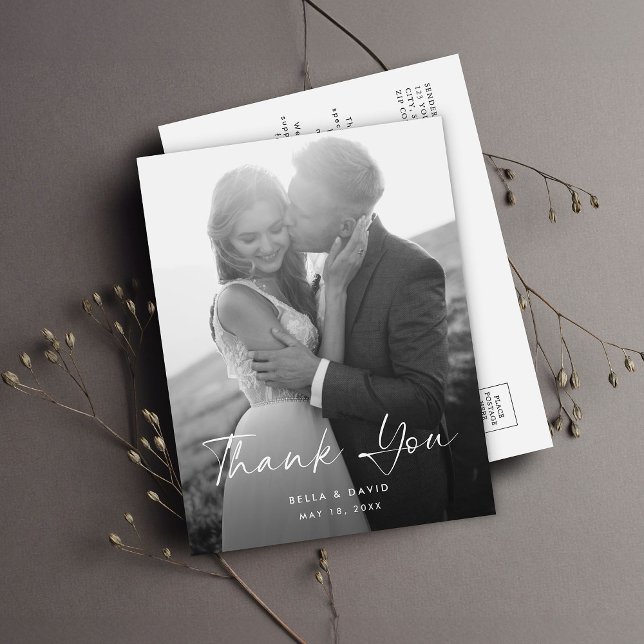 Carte Postale Mariage Elegant noir blanc Script photo Merci (Créateur téléchargé)