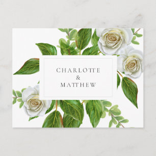 Carte Postale Mariage Élégant Rose Blanche et Feuillage