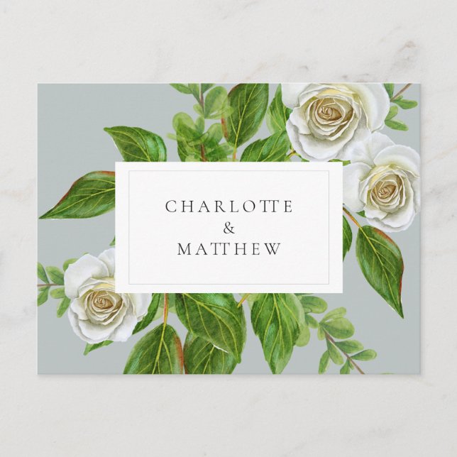Carte Postale Mariage Élégant Rose Blanche Verdure Site Web Sage (Devant)