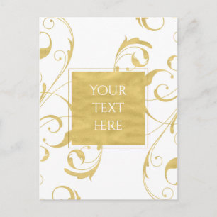 Carte Postale Mariage élégant tourbillon floral blanc et or faux