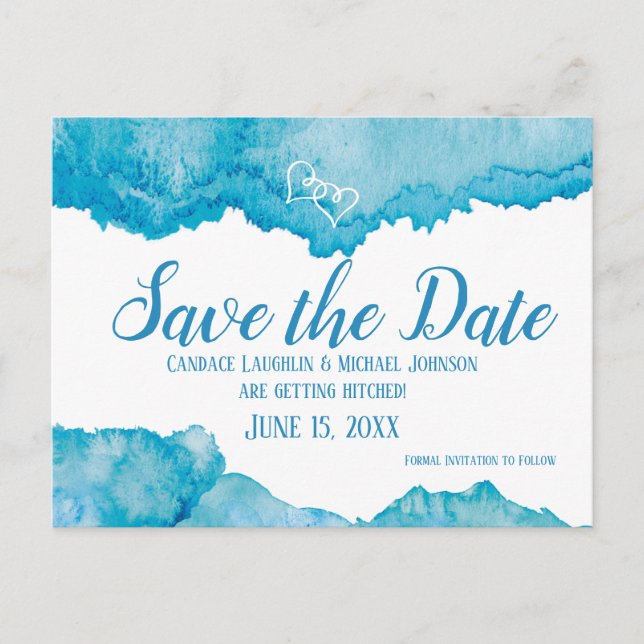 Carte Postale Mariage en Aquarelle Bleue turquoise Enregistrer l (Devant)