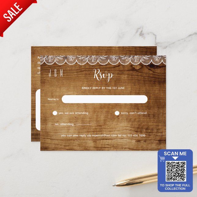 Carte Postale Mariage en dentelle blanche rustique RSVP - Jeu de (Créateur téléchargé)