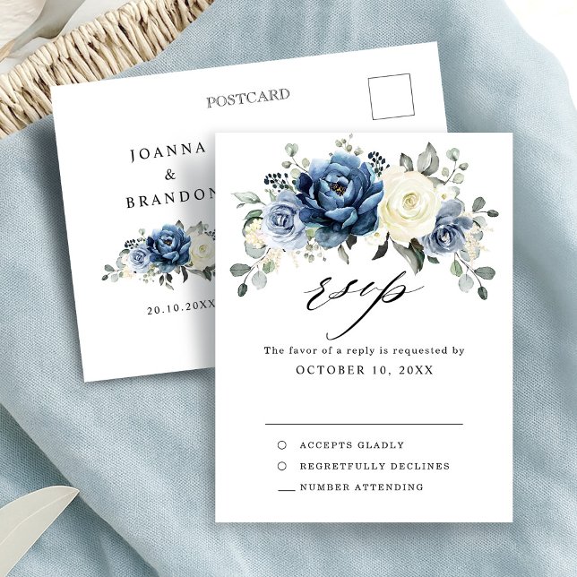 Carte Postale Mariage en ivoire de Champagne de la Marine Bleue  (Dusty Blue Navy Champagne Ivory Wedding RSVP Postcard)