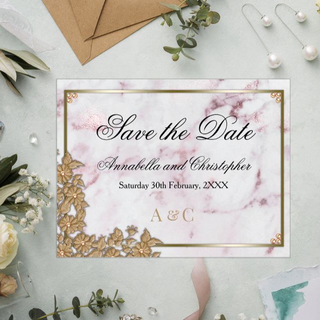 Carte Postale Mariage en marbre rose et perle Enregistrer la dat (Créateur téléchargé)