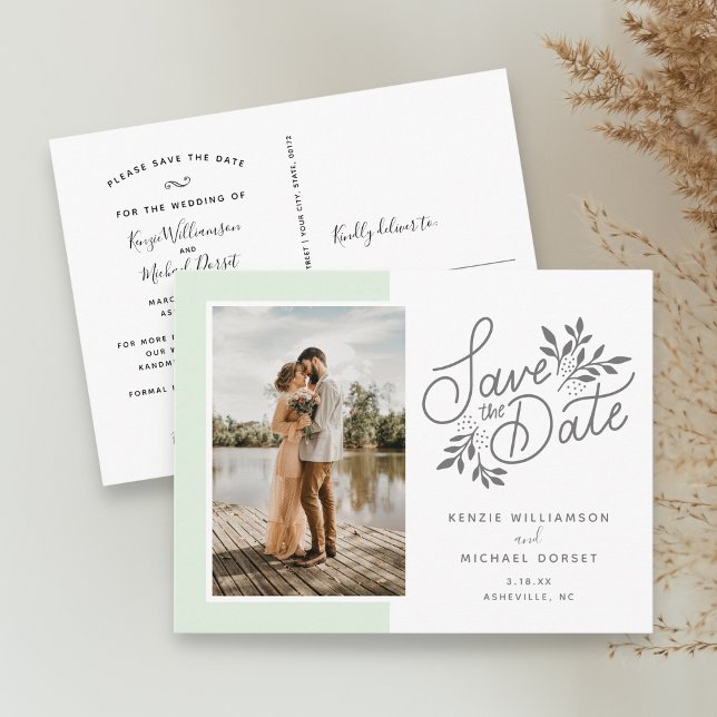 Carte Postale Mariage Enregistrer la date Script photo Botanical (Créateur téléchargé)